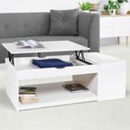Table basse rectangulaire à plateau relevable ELEA avec coffre, bois blanc