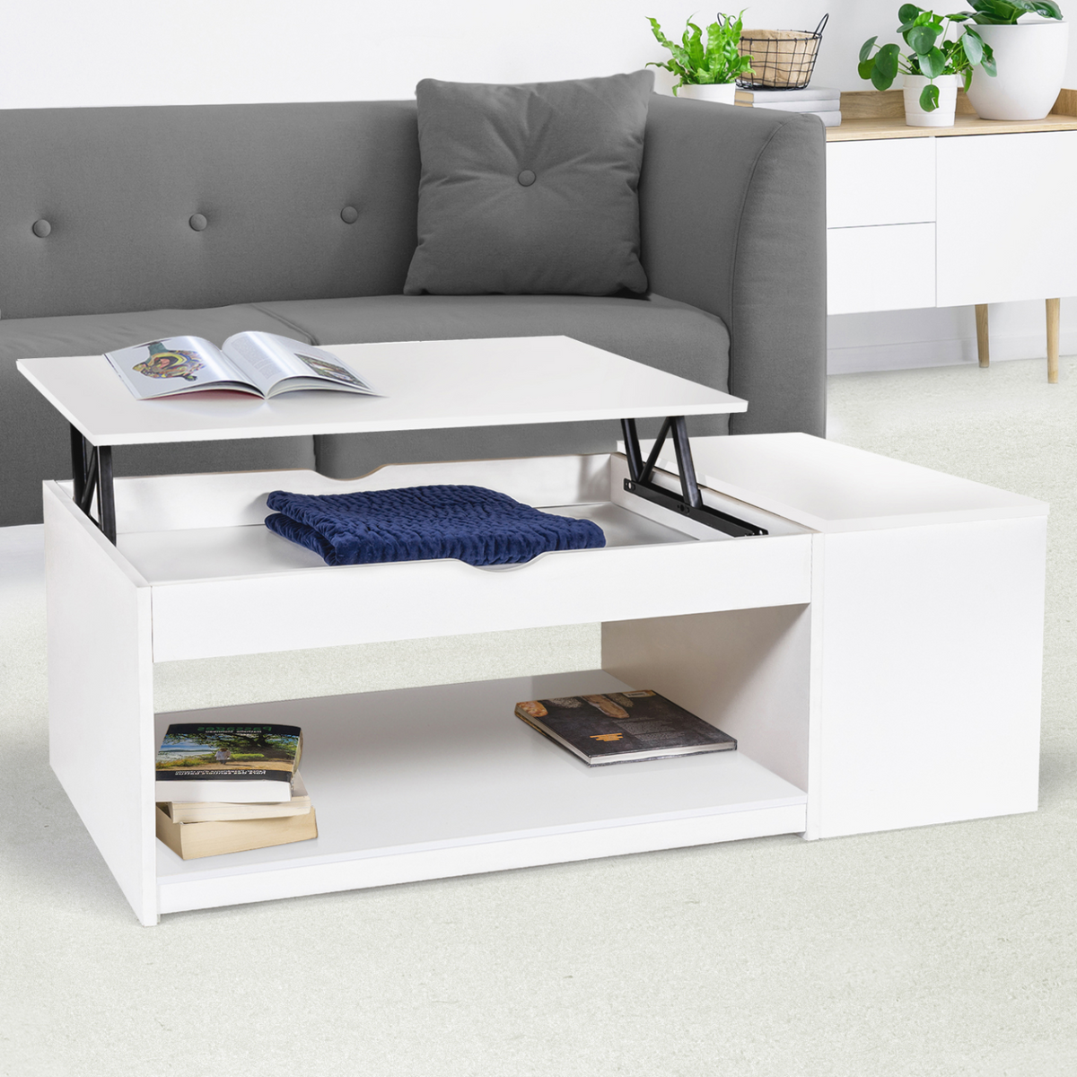 Table basse rectangulaire à plateau relevable ELEA avec coffre, bois blanc