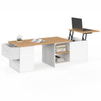 Table basse rectangulaire relevable et extensible ILONA 100-140 cm avec 2 tiroirs, coffre et étagère, blanc et bois