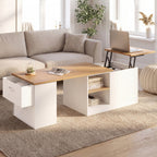 Table basse rectangulaire relevable et extensible ILONA 100-140 cm avec 2 tiroirs, coffre et étagère, blanc et bois