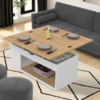 Table basse rectangulaire à plateau relevable convertible en table à manger ELEA 100 cm bois blanc et décor hêtre
