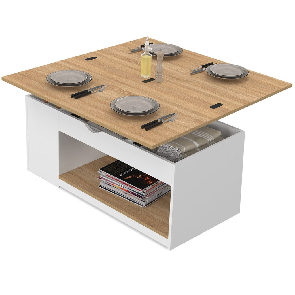 Table basse rectangulaire à plateau relevable convertible en table à manger ELEA 100 cm bois blanc et décor hêtre