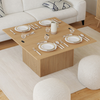 Table basse rectangulaire à plateau relevable convertible en table à manger JULIETTE 100 cm, effet lattes en bois tasseauté