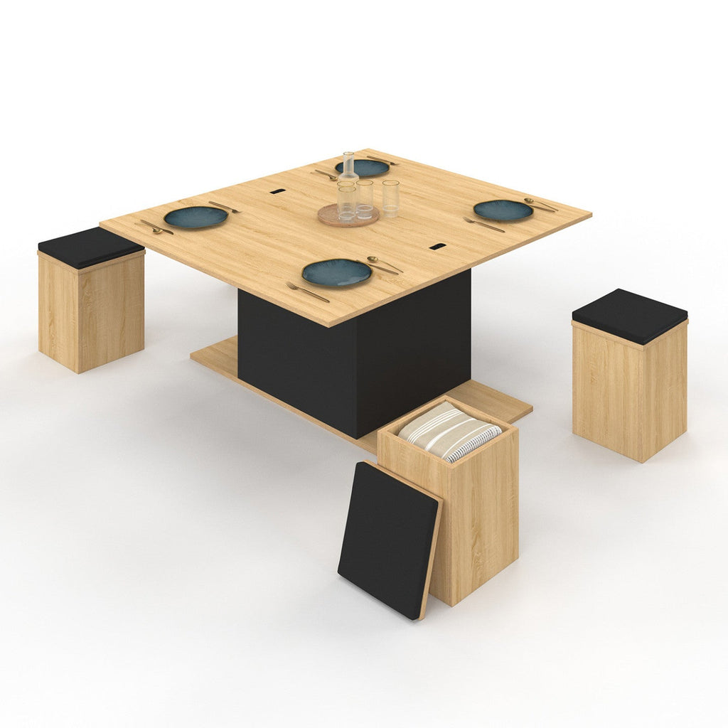 Table basse rectangulaire à plateau relevable convertible en table de salle à manger EDEN 100 cm bois et noir avec poufs