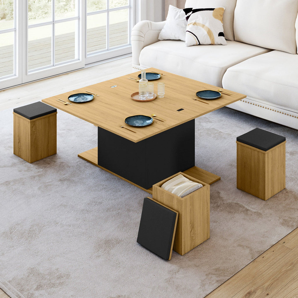 Table basse rectangulaire à plateau relevable convertible en table de salle à manger EDEN 100 cm bois et noir avec poufs