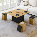 Table basse rectangulaire à plateau relevable convertible en table de salle à manger EDEN 100 cm bois et noir avec poufs