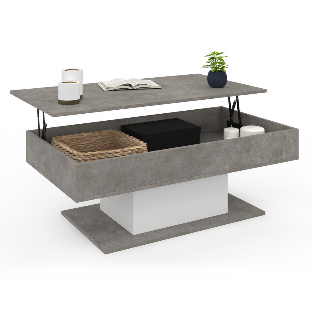 Table basse rectangulaire à plateau relevable EDEN effet béton et blanc
