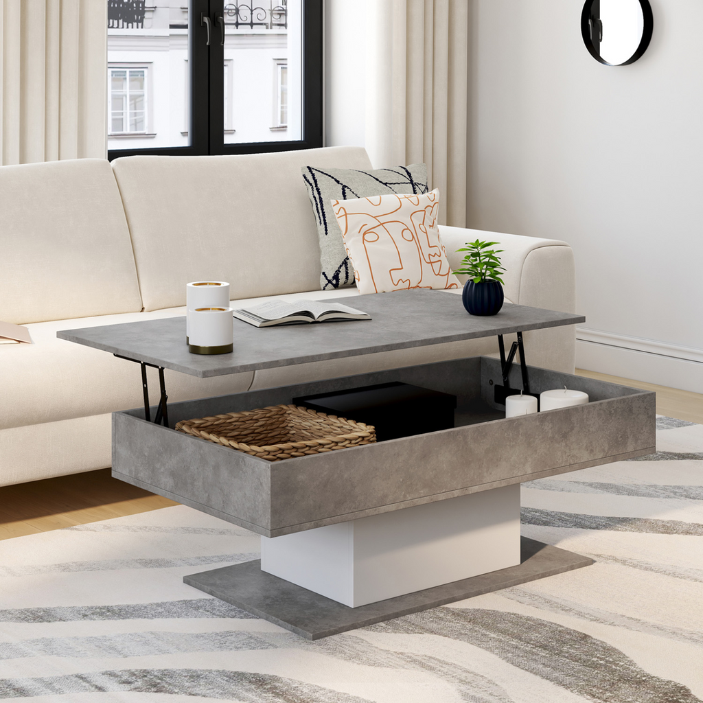Table basse rectangulaire à plateau relevable EDEN effet béton et blanc