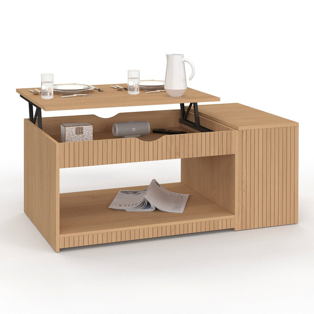 Table basse rectangulaire à plateau relevable JULIETTE avec coffre, lattes et tasseaux en bois, coloris chêne