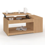 Table basse rectangulaire à plateau relevable JULIETTE avec coffre, lattes et tasseaux en bois, coloris chêne