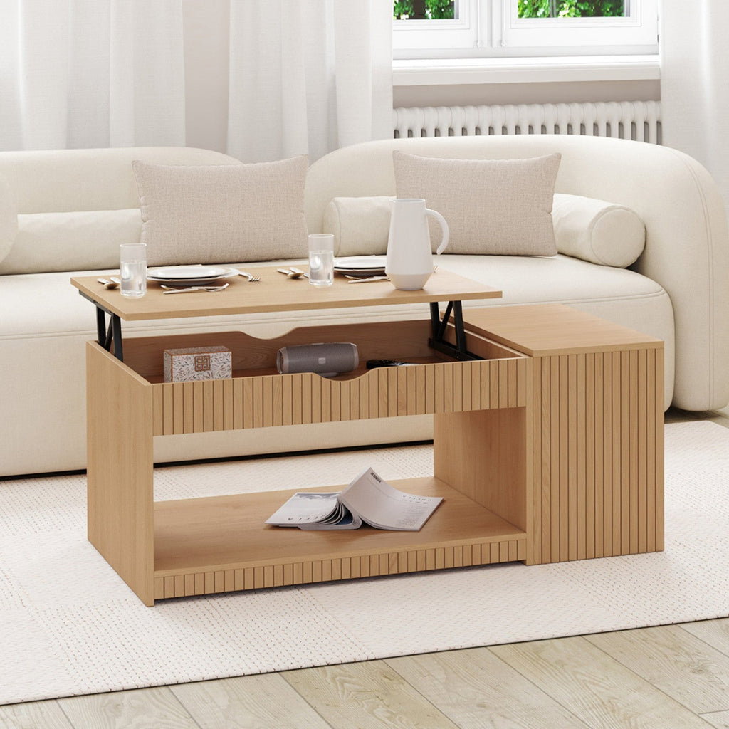 Table basse rectangulaire à plateau relevable JULIETTE avec coffre, lattes et tasseaux en bois, coloris chêne