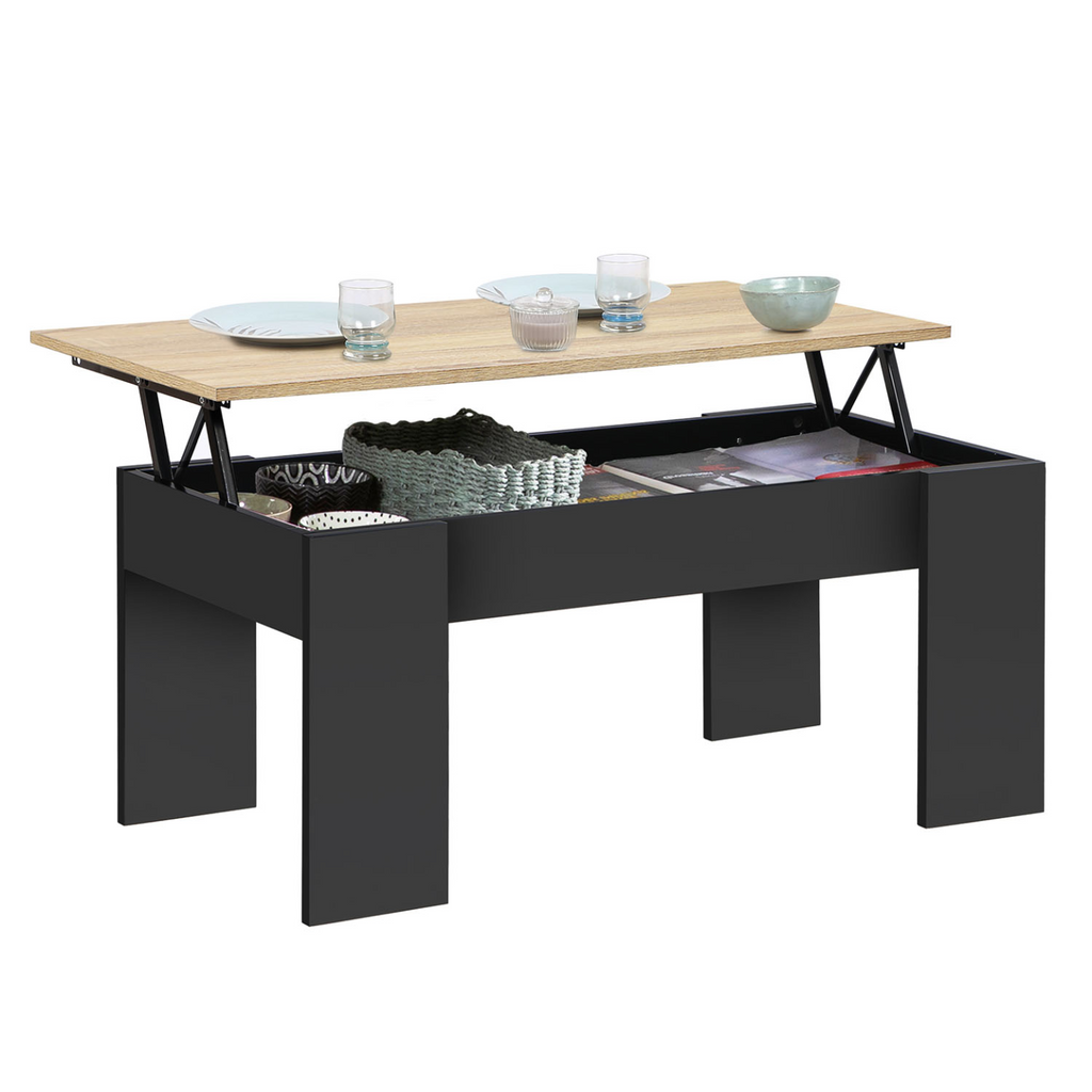 Table basse rectangulaire avec plateau relevable TARA en bois noir et imitation hêtre