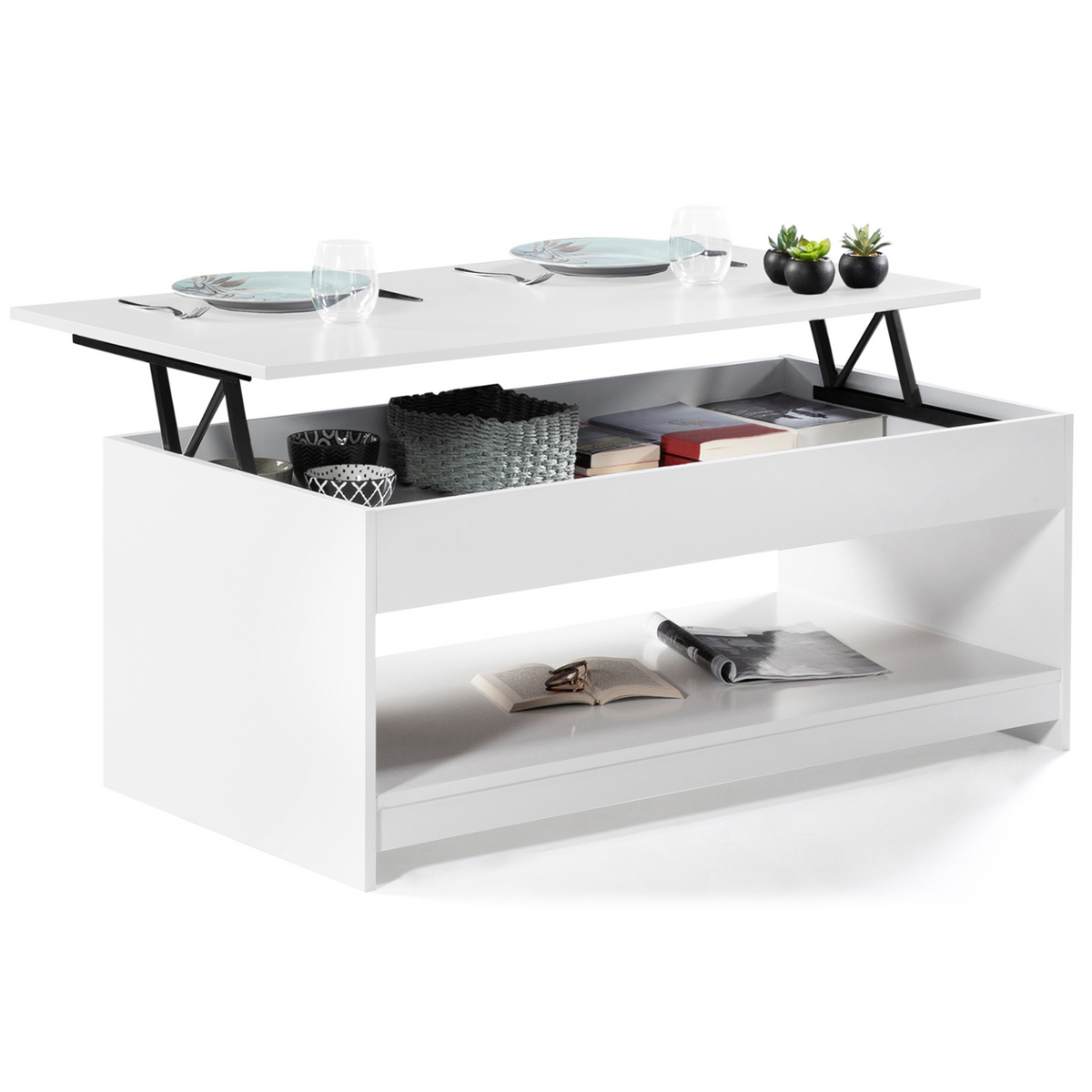 Table basse rectangulaire à plateau relevable SOA, bois blanc