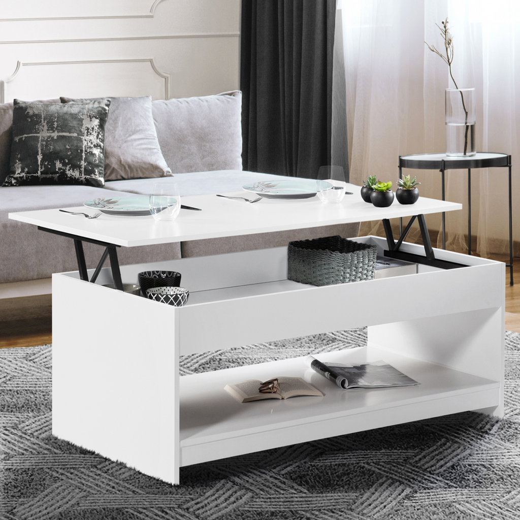 Table basse rectangulaire à plateau relevable SOA, bois blanc
