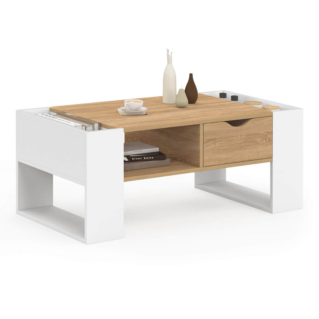 Table basse rectangulaire BERYL avec tiroir en bois blanc et effet hêtre