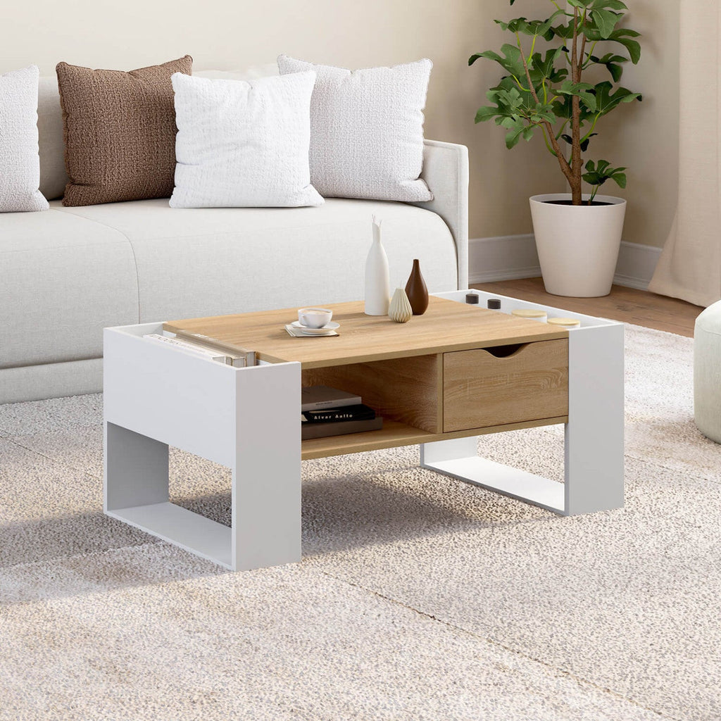 Table basse rectangulaire BERYL avec tiroir en bois blanc et effet hêtre