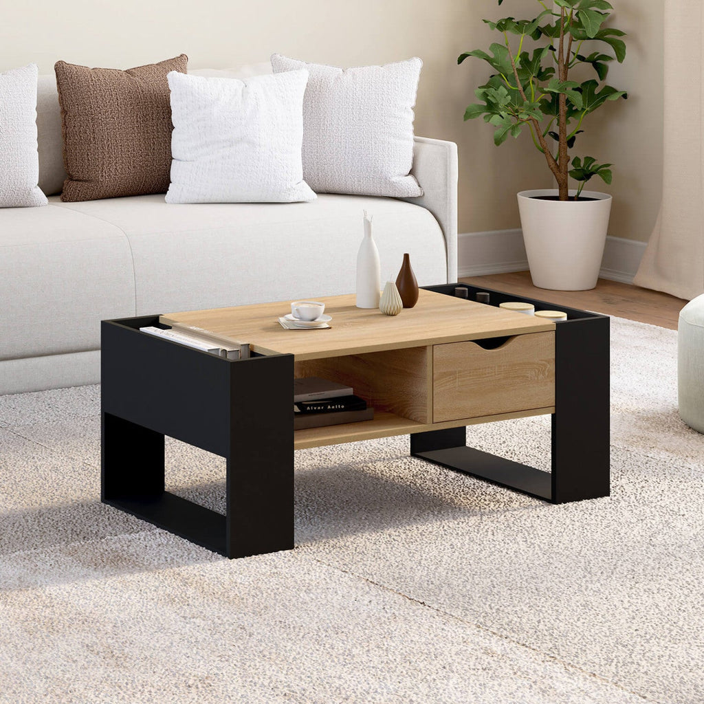 Table basse rectangulaire BERYL avec tiroir bois noir et effet hêtre