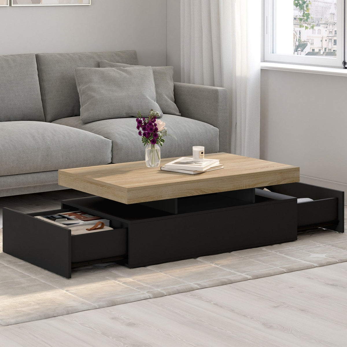 Table basse rectangulaire ELSA 100 cm 2 tiroirs en bois noir et plateau façon hêtre
