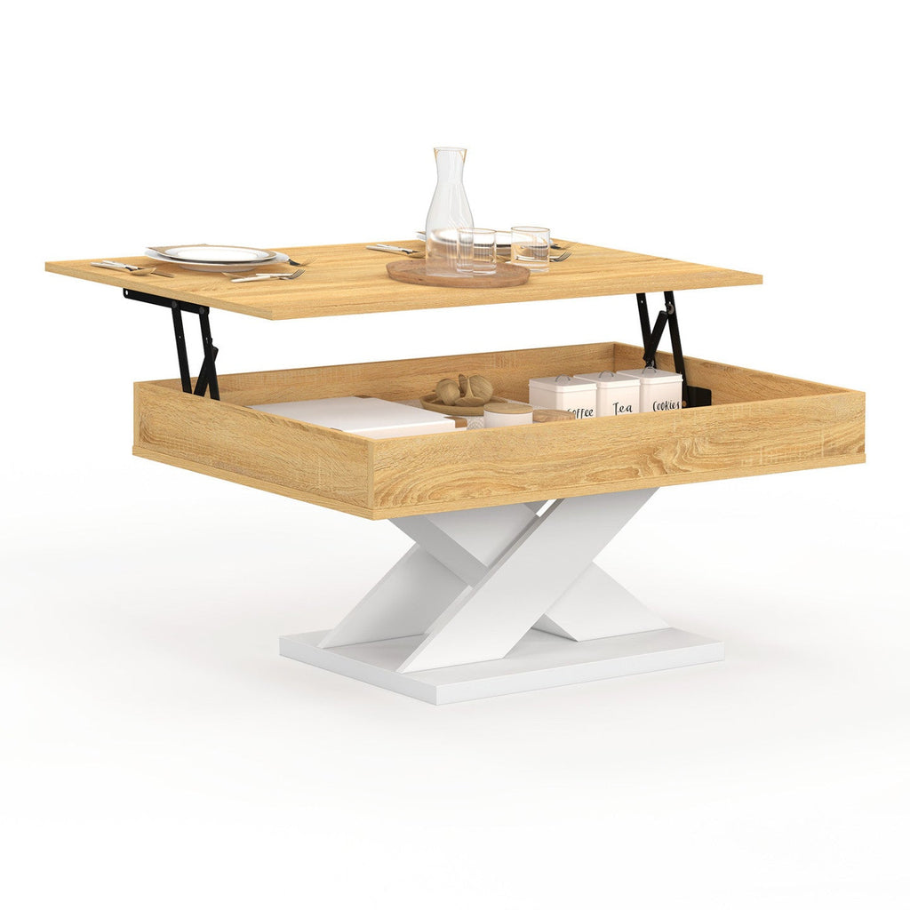 Table basse rectangulaire à plateau relevable ALICIA bois et pied blanc