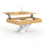 Table basse rectangulaire à plateau relevable ALICIA bois et pied blanc