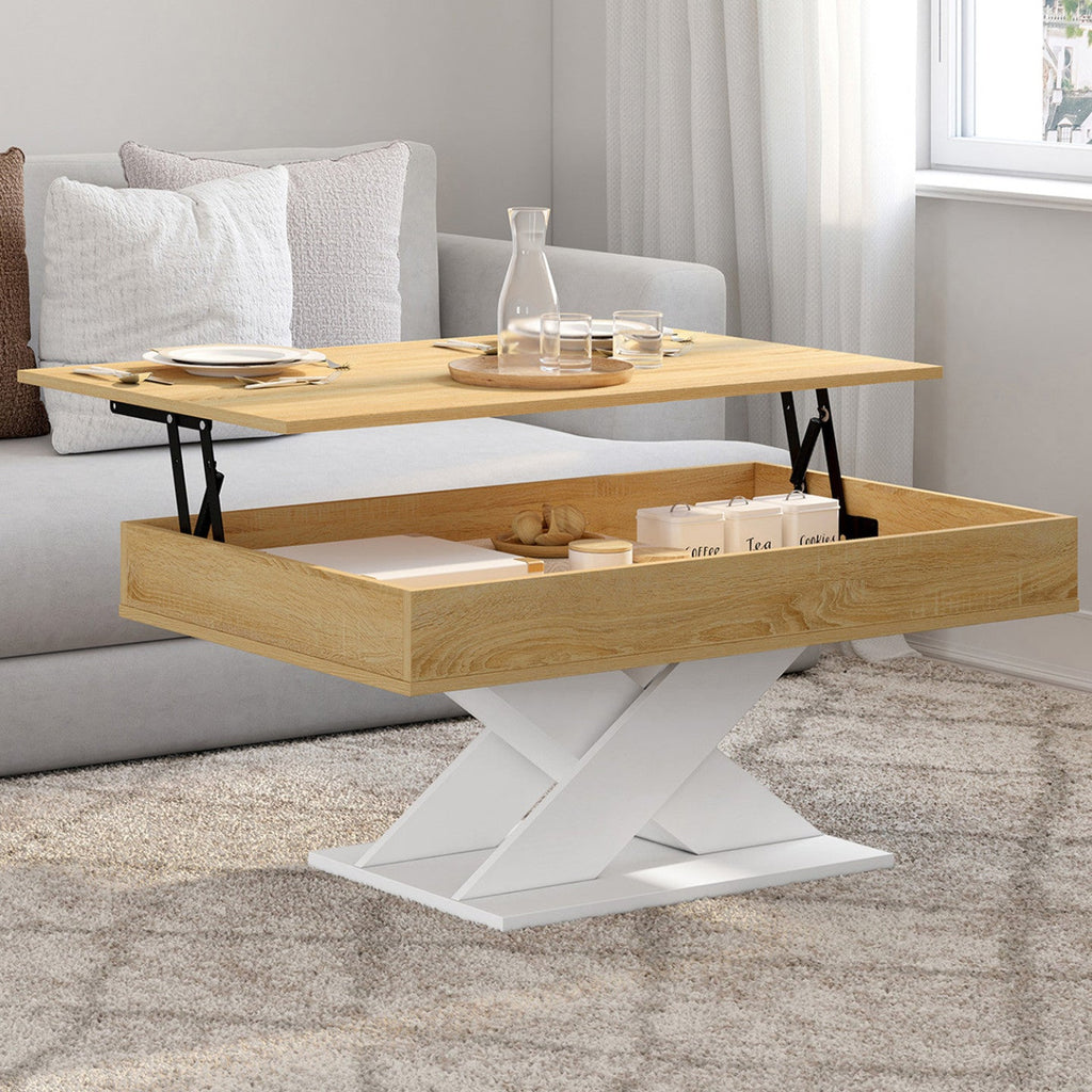 Table basse rectangulaire à plateau relevable ALICIA bois et pied blanc