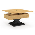 Table basse rectangulaire à plateau relevable convertible en table de salle à manger ALICIA 90 cm, bois et pieds noirs