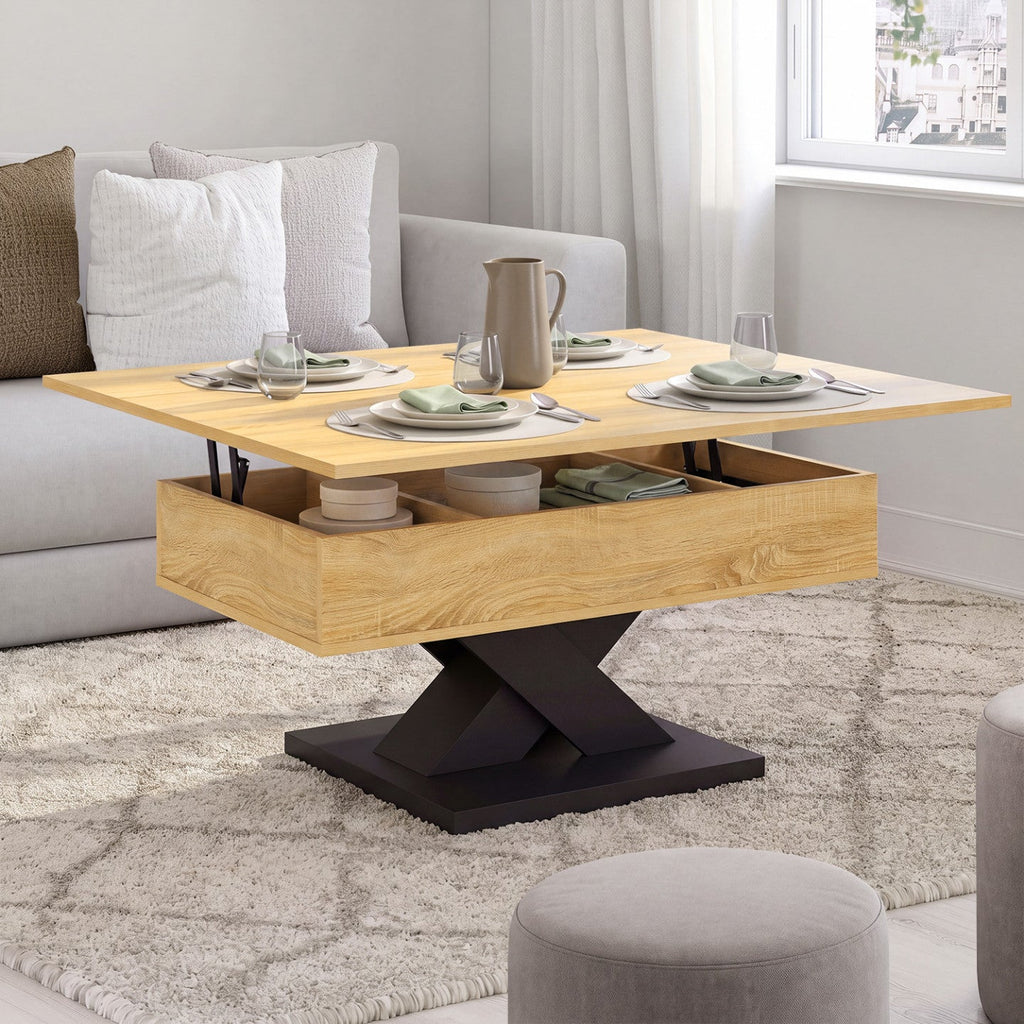 Table basse rectangulaire à plateau relevable convertible en table de salle à manger ALICIA 90 cm, bois et pieds noirs