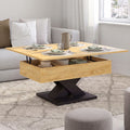 Table basse rectangulaire à plateau relevable convertible en table de salle à manger ALICIA 90 cm, bois et pieds noirs