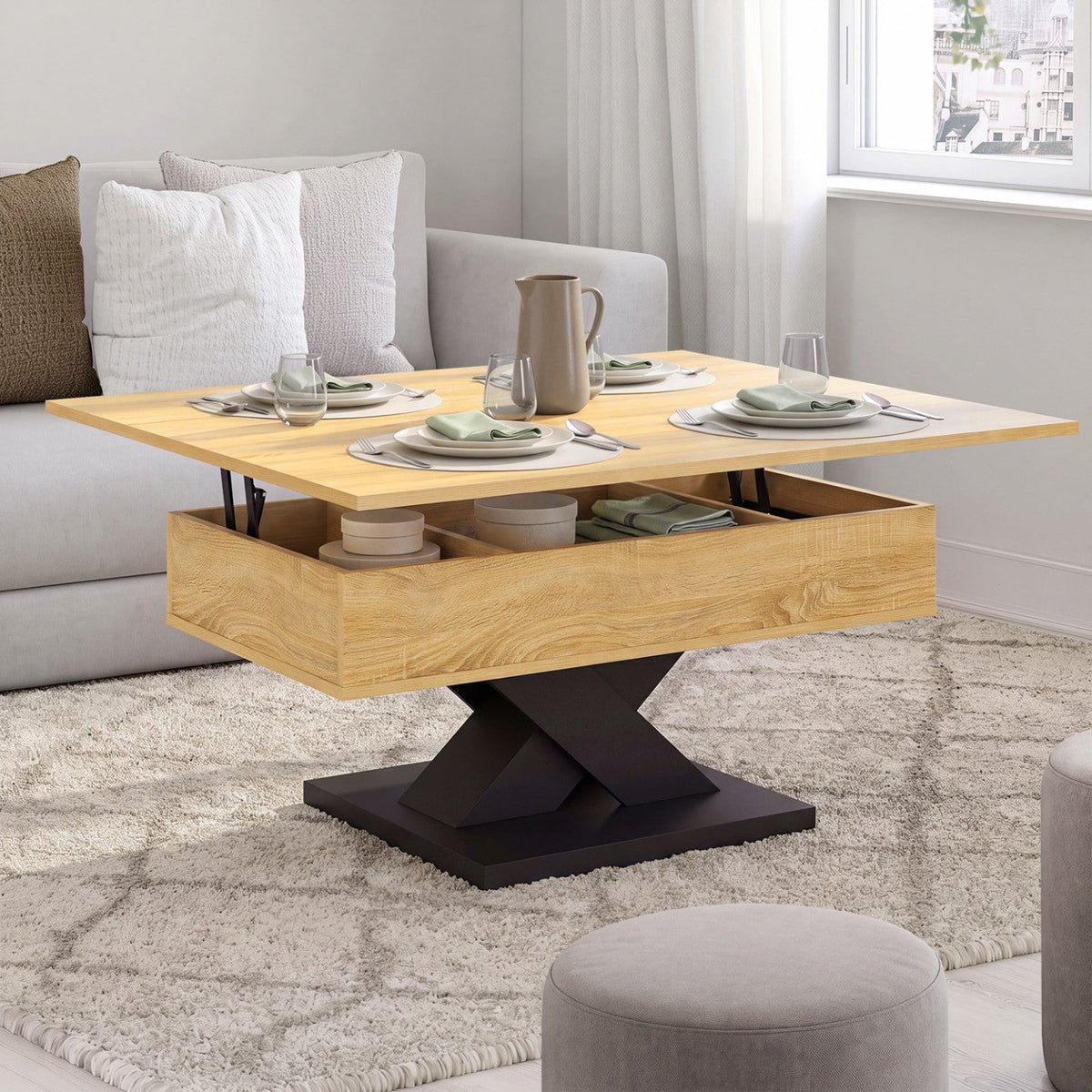 Table basse rectangulaire à plateau relevable convertible en table de salle à manger ALICIA 90 cm, bois et pieds noirs