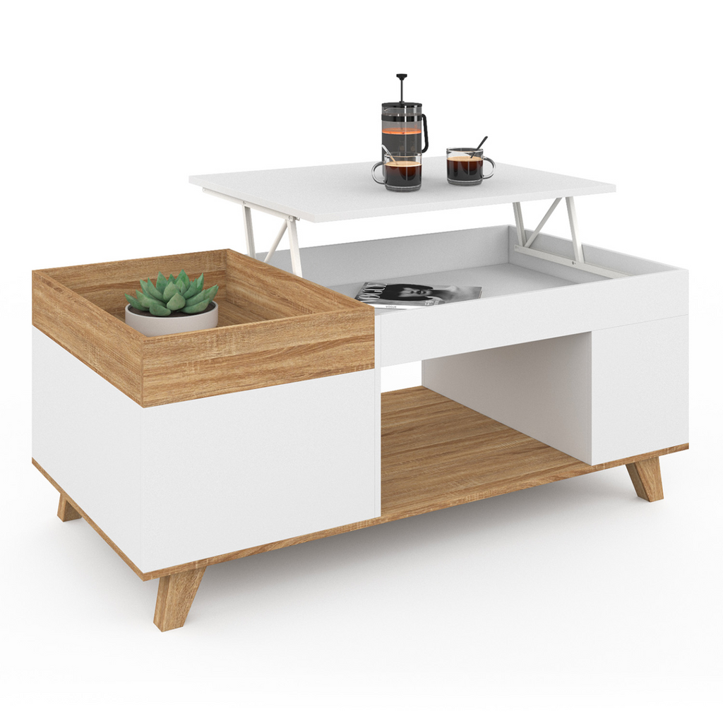 Table basse rectangulaire avec plateau relevable, plateau amovible et coffre LOLA bois et blanc