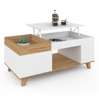 Table basse rectangulaire avec plateau relevable, plateau amovible et coffre LOLA bois et blanc