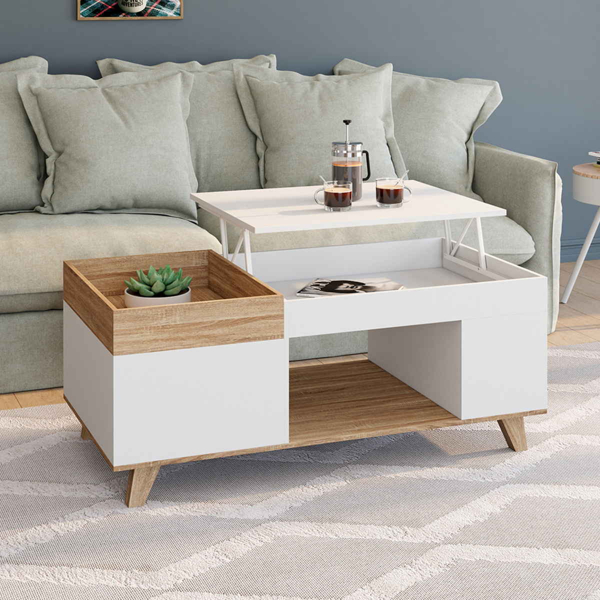 Table basse rectangulaire avec plateau relevable, plateau amovible et coffre LOLA bois et blanc