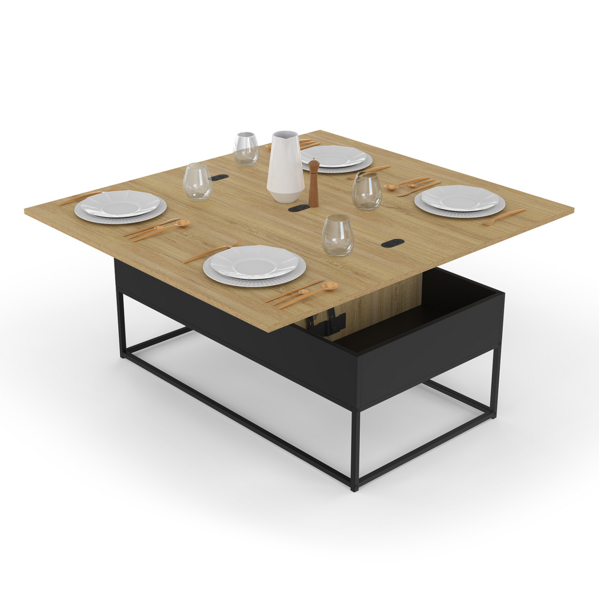 Table basse rectangulaire à plateau relevable convertible en table à manger BOSTON 100 cm design industriel