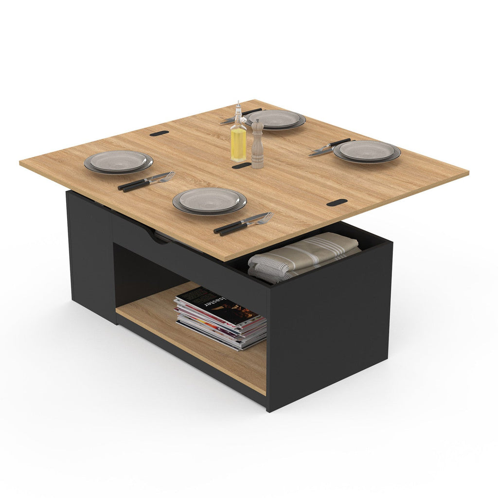 Table basse rectangulaire à plateau relevable convertible en table à manger ELEA 100 cm bois noir et aspect hêtre