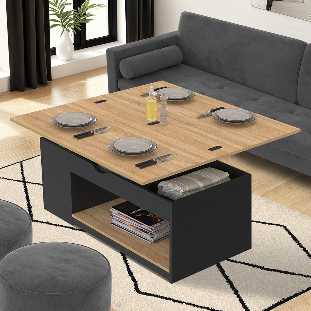 Table basse rectangulaire à plateau relevable convertible en table à manger ELEA 100 cm bois noir et aspect hêtre