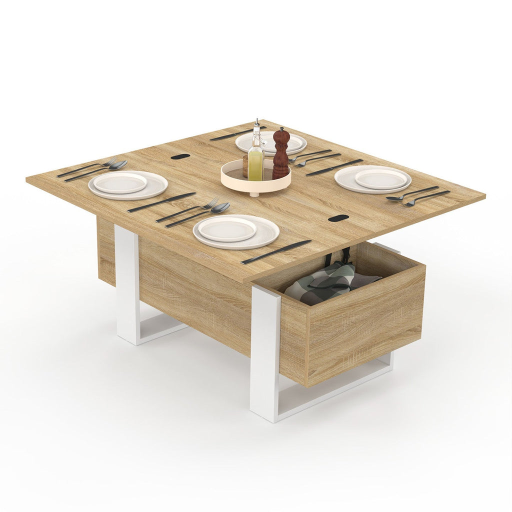 Table basse rectangulaire à plateau relevable convertible en table de salle à manger PHOENIX 97,5 cm bois et blanc
