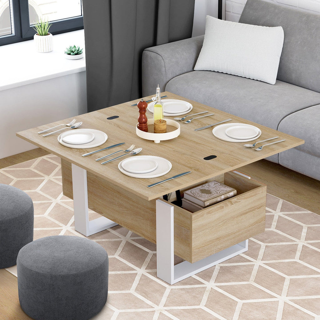 Table basse rectangulaire à plateau relevable convertible en table de salle à manger PHOENIX 97,5 cm bois et blanc