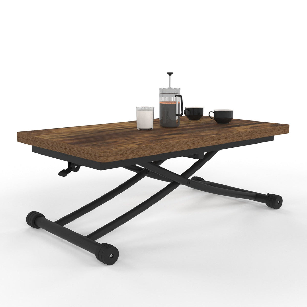 Table basse 2 en 1 relevable en table à manger rectangulaire URBANA 100 cm bois foncé et noir design industriel