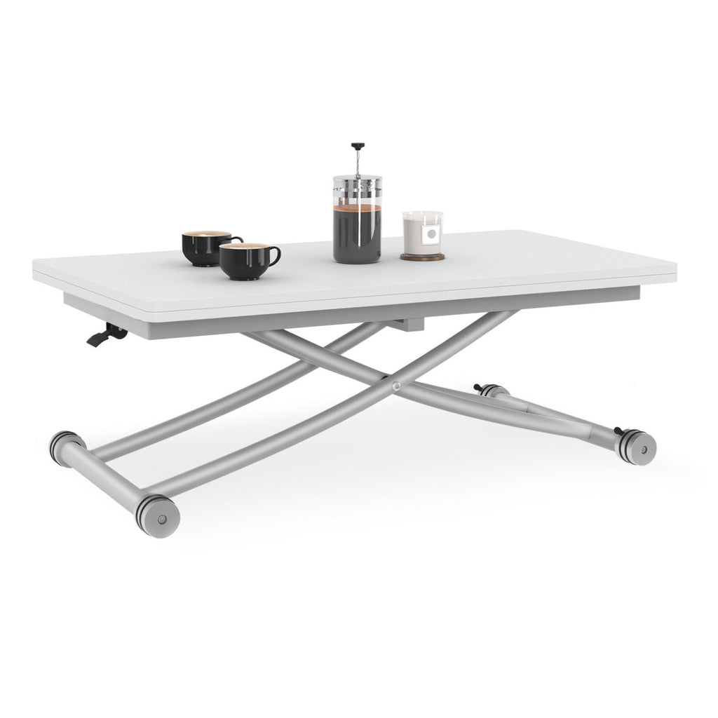 Table basse 2 en 1 relevable en table à manger rectangulaire URBANA 100 cm blanc pied gris chromé
