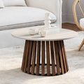 Table basse ronde CARMEN 70 cm, pied en lattes de bois effet noyer et plateau en travertin