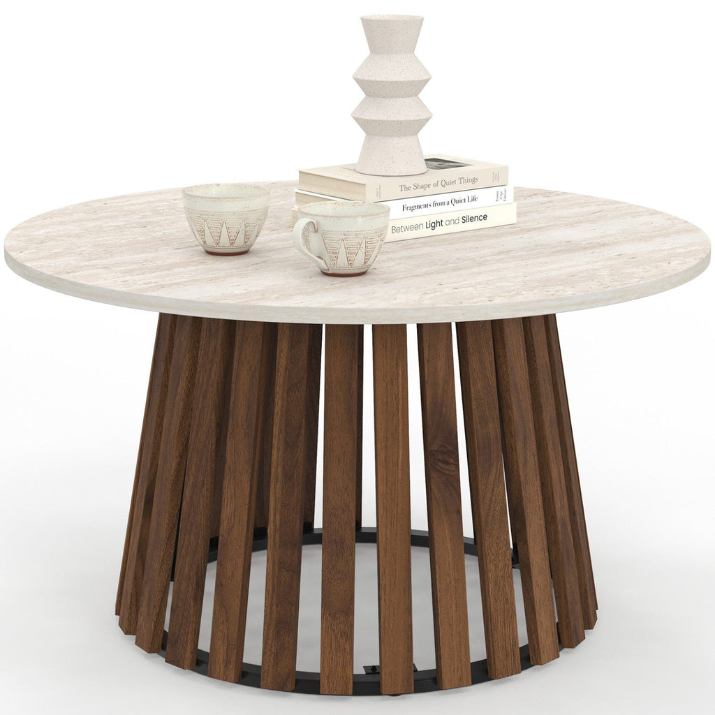 Table basse ronde CARMEN 70 cm, pied en lattes de bois effet noyer et plateau en travertin