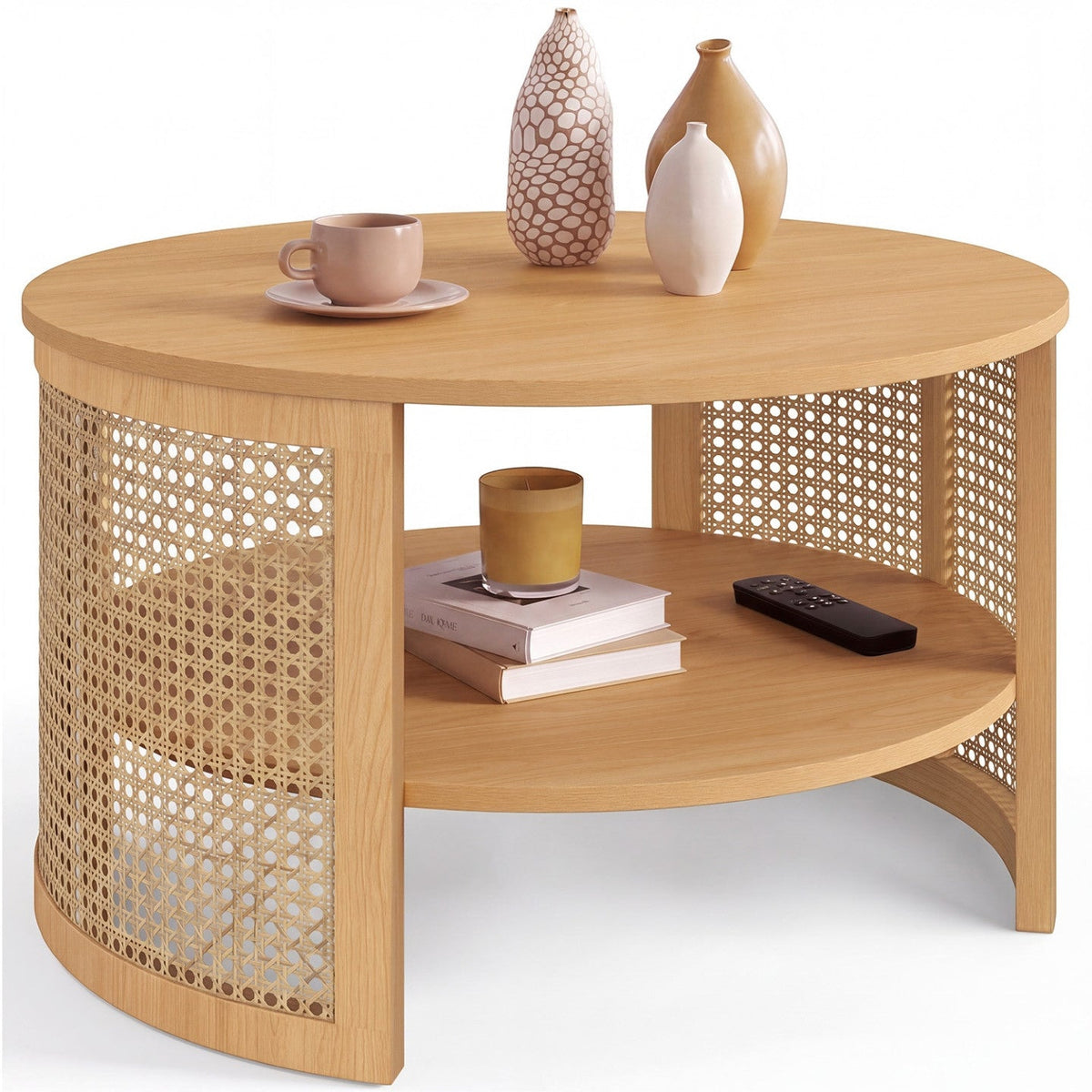 Table basse ronde EDHEN 70 cm effet cannage naturel et bois