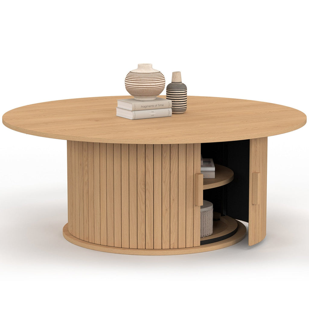 Table basse ronde JULIETTE 100 cm avec rangement, lattes en tasseaux de bois, coloris chêne