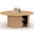 Table basse ronde JULIETTE 100 cm avec rangement, lattes en tasseaux de bois, coloris chêne