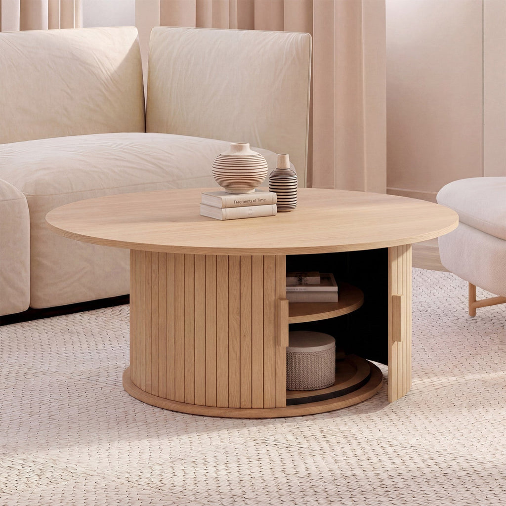 Table basse ronde JULIETTE 100 cm avec rangement, lattes en tasseaux de bois, coloris chêne