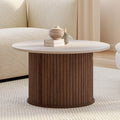 Table basse ronde JULIETTE 70 cm, lattes effet noyer et plateau en travertin