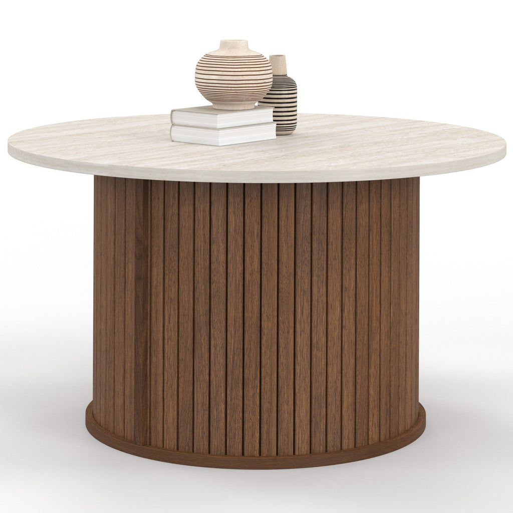 Table basse ronde JULIETTE 70 cm, lattes effet noyer et plateau en travertin