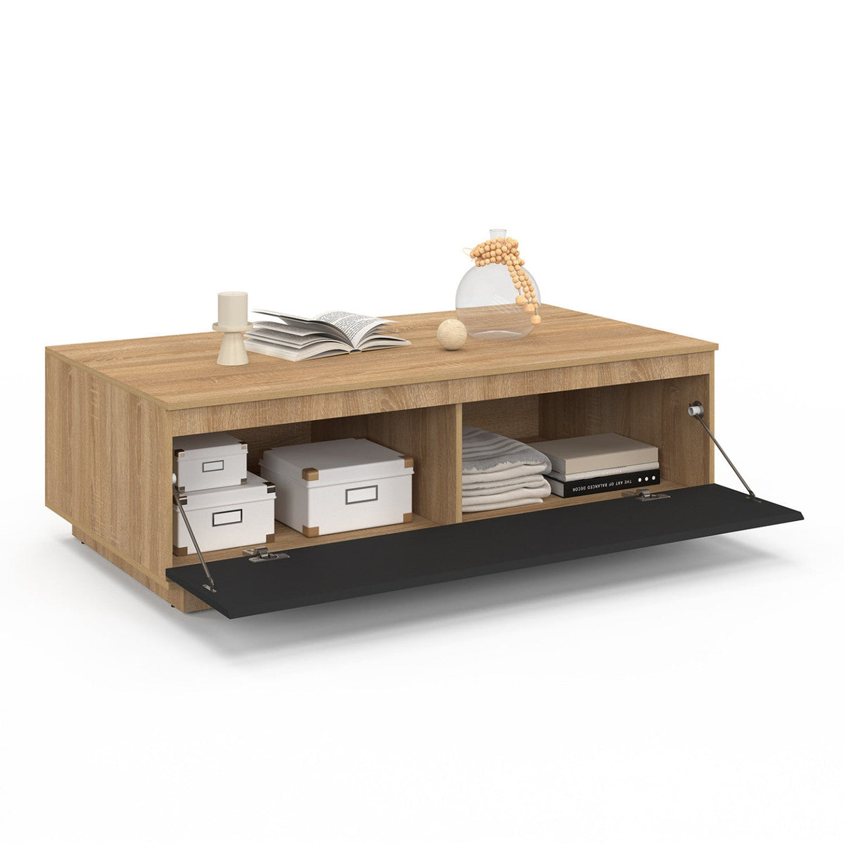 Table basse TOMI 110 cm avec porte décor hêtre et noir