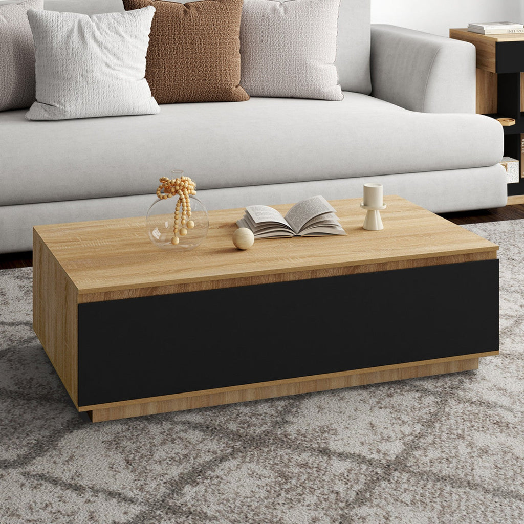 Table basse TOMI 110 cm avec porte décor hêtre et noir