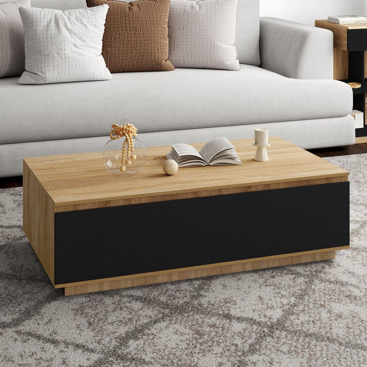 Table basse TOMI 110 cm avec porte décor hêtre et noir